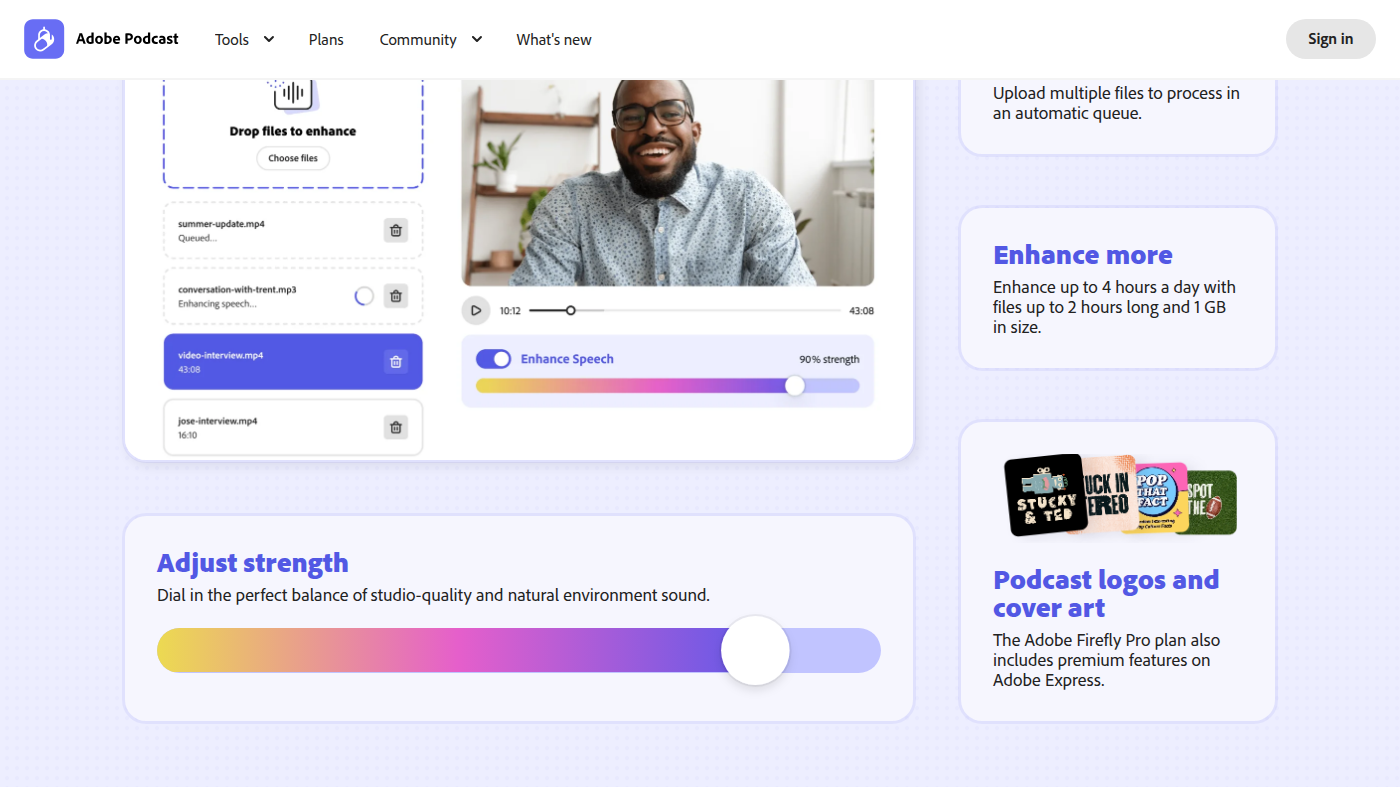 Adobe Podcast official Enhance Speech workbench with strength slider and file queue