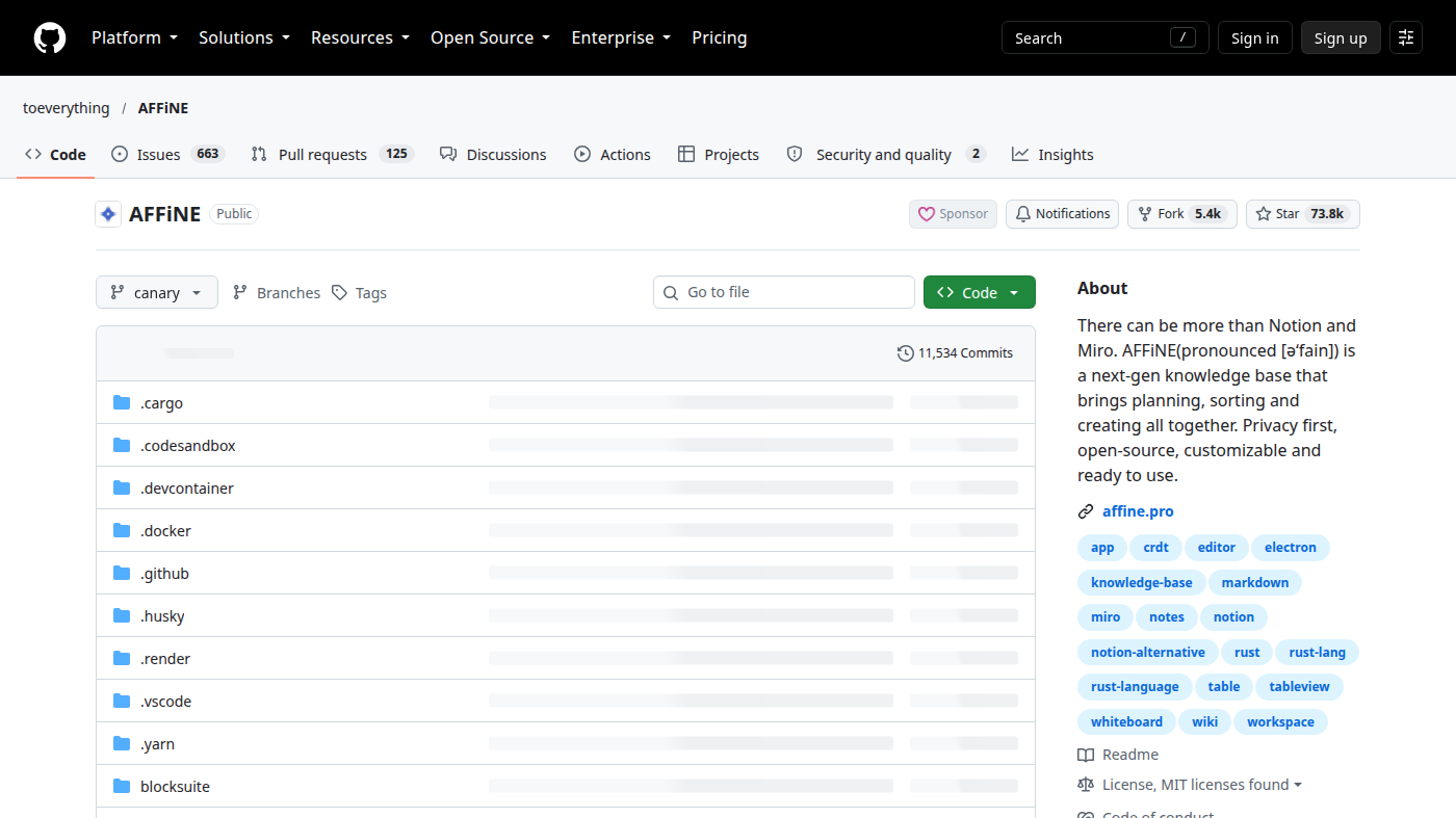 toeverything/AFFiNE GitHub file list: MIT editor, docs and whiteboard workspace