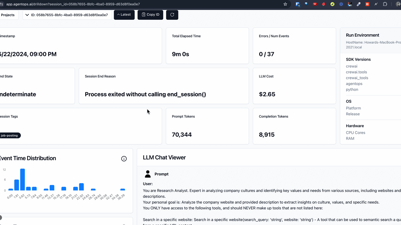 AgentOps official session drilldown: elapsed time, LLM cost, chat viewer