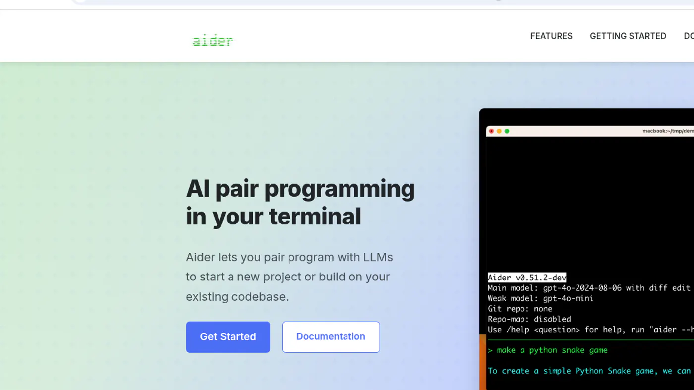 aider.chat homepage still with the real terminal pair-programming TUI