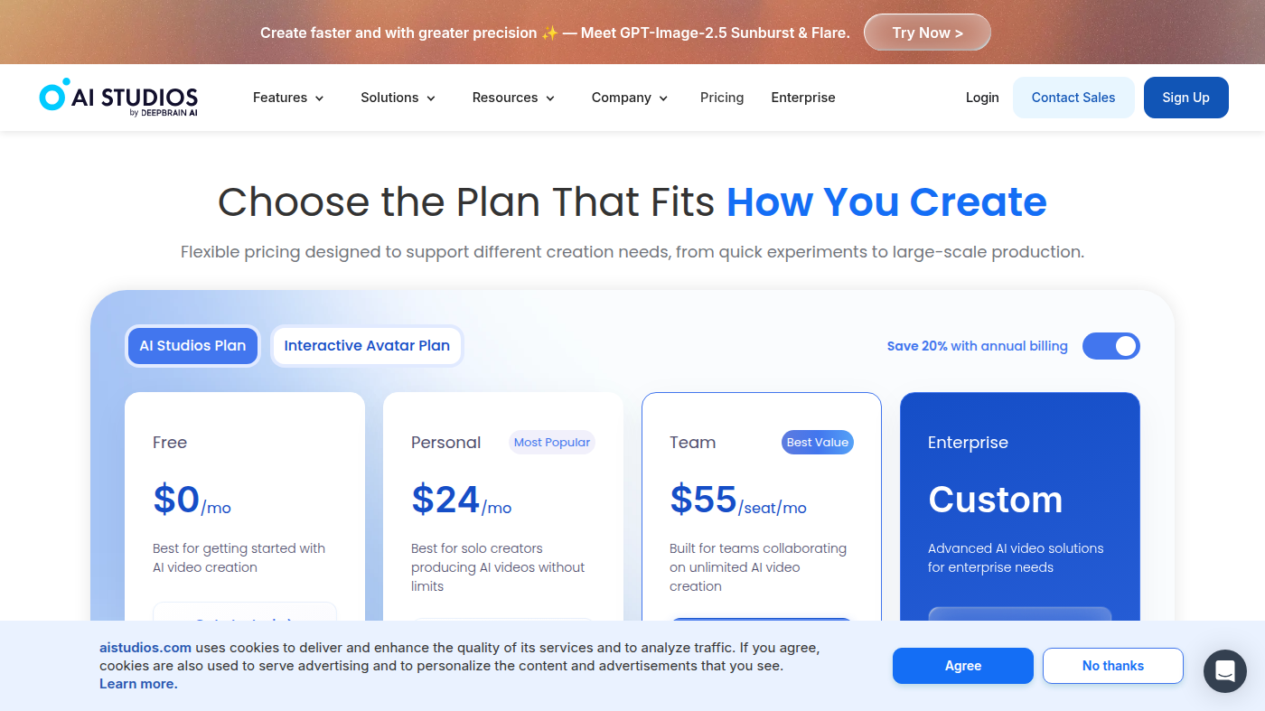AI Studios official plans: Free $0/mo, Personal $24/mo, Team $55/seat/mo
