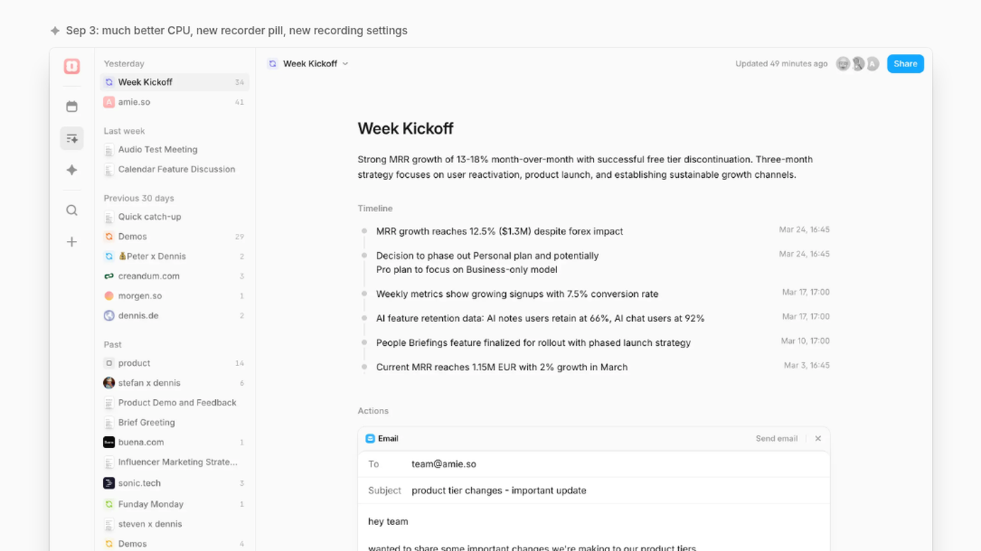 Amie Week Kickoff workspace: timeline bullets, action items, email draft