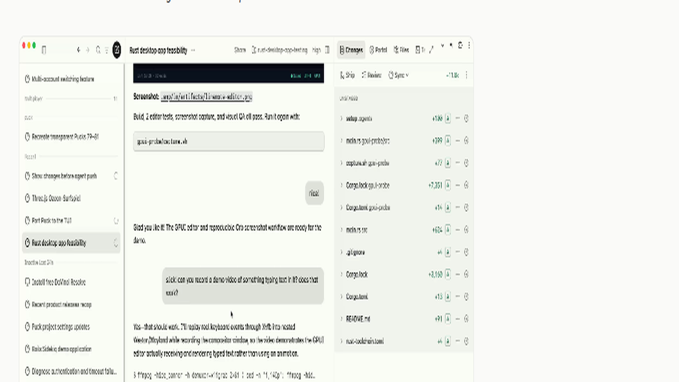 Amp workspace: file tree, agent thread, git change list
