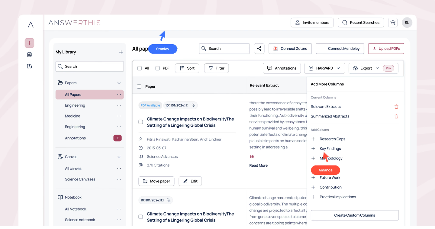 AnswerThis official Library workspace: papers table, Zotero, and custom columns