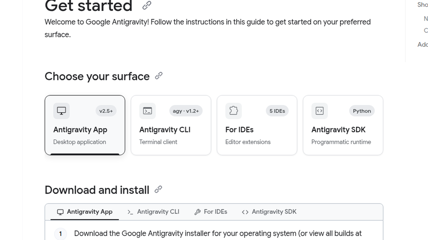 Google Antigravity Get started: App / CLI / IDE / SDK surface cards