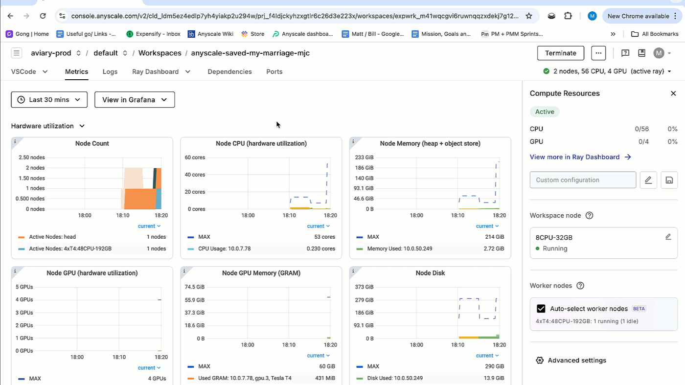 Anyscale official Workspace metrics: 2 nodes, 56 CPU / 4 GPU, Terminate