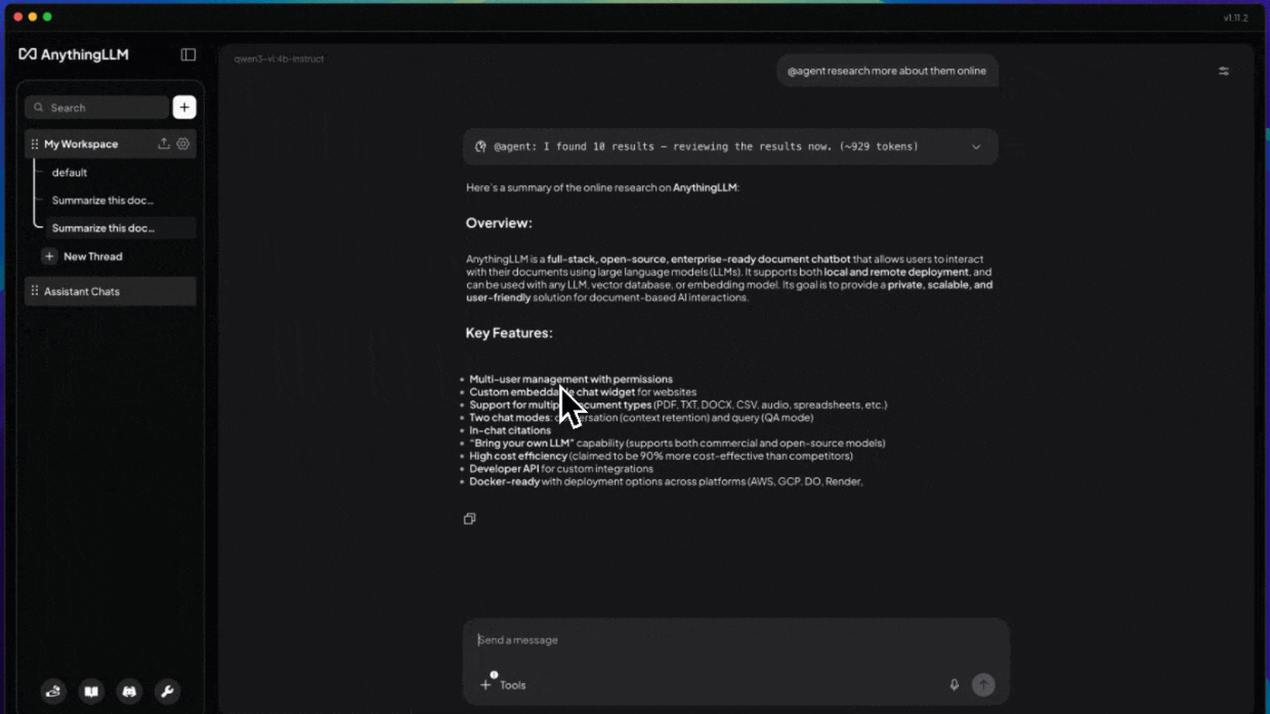 AnythingLLM workspace chat with sources and a summarized thread