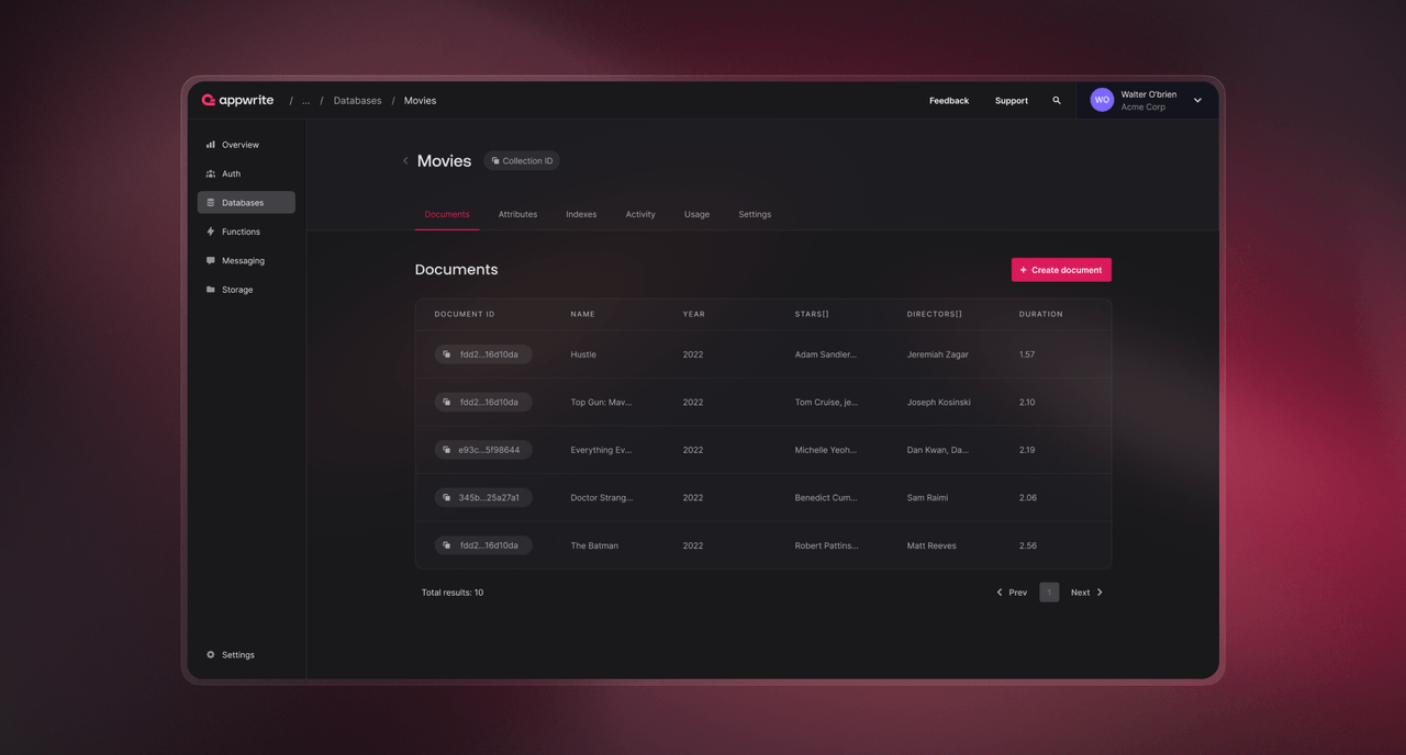 Product UI of Appwrite