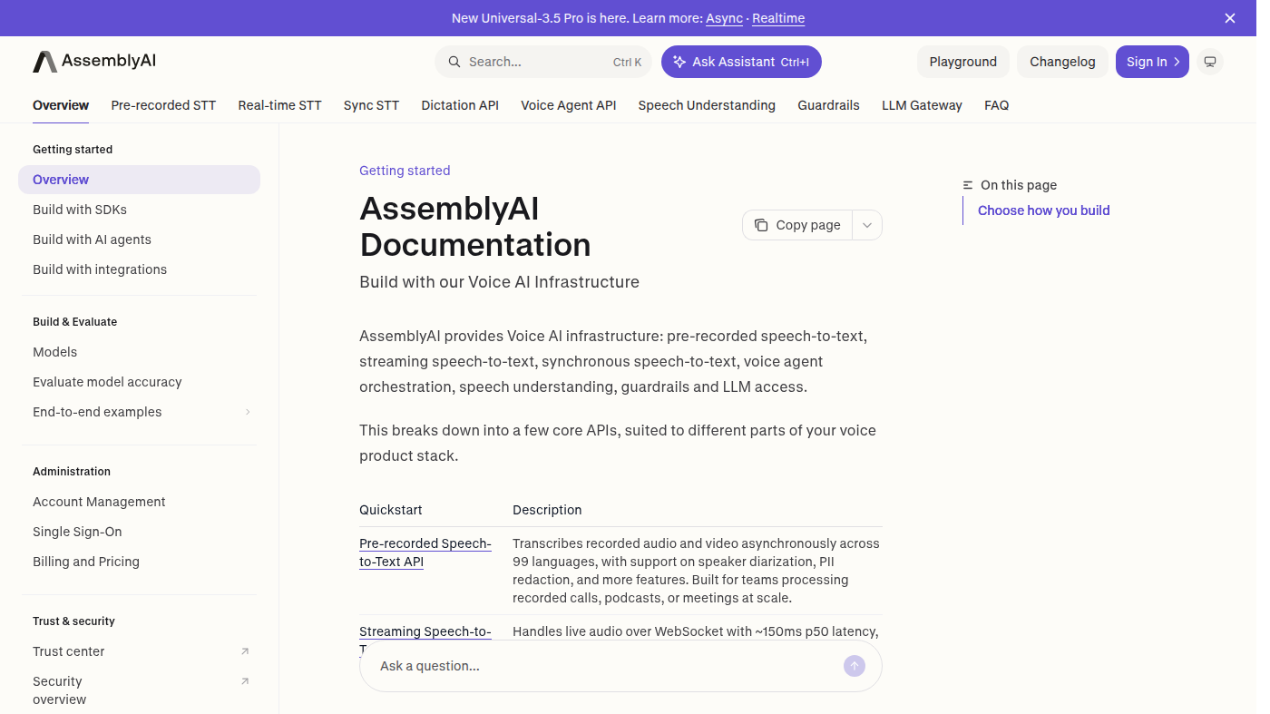AssemblyAI docs: Voice AI Infrastructure getting started