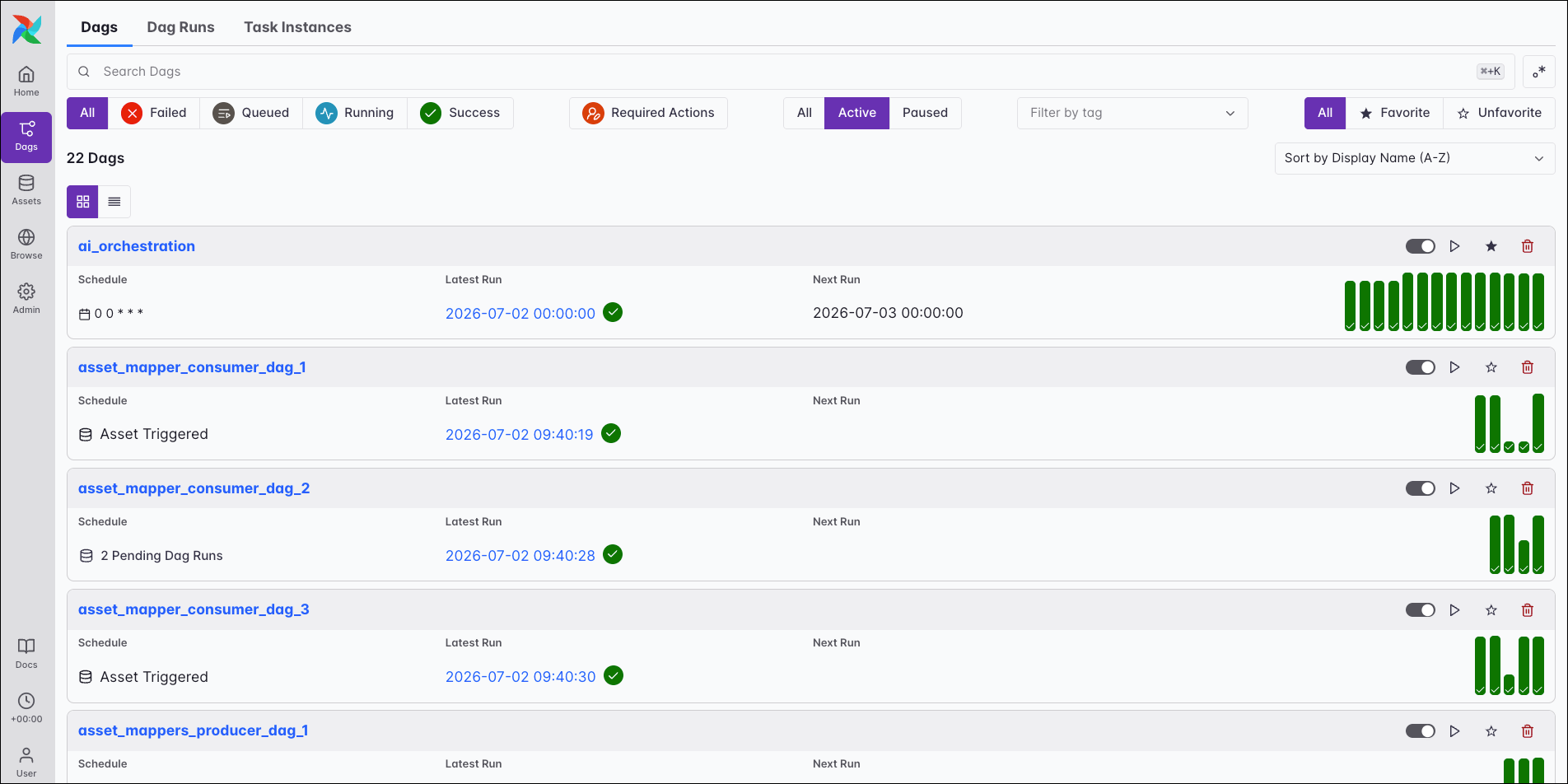 Astronomer DAGs: 22 DAGs including ai_orchestration with last and next run