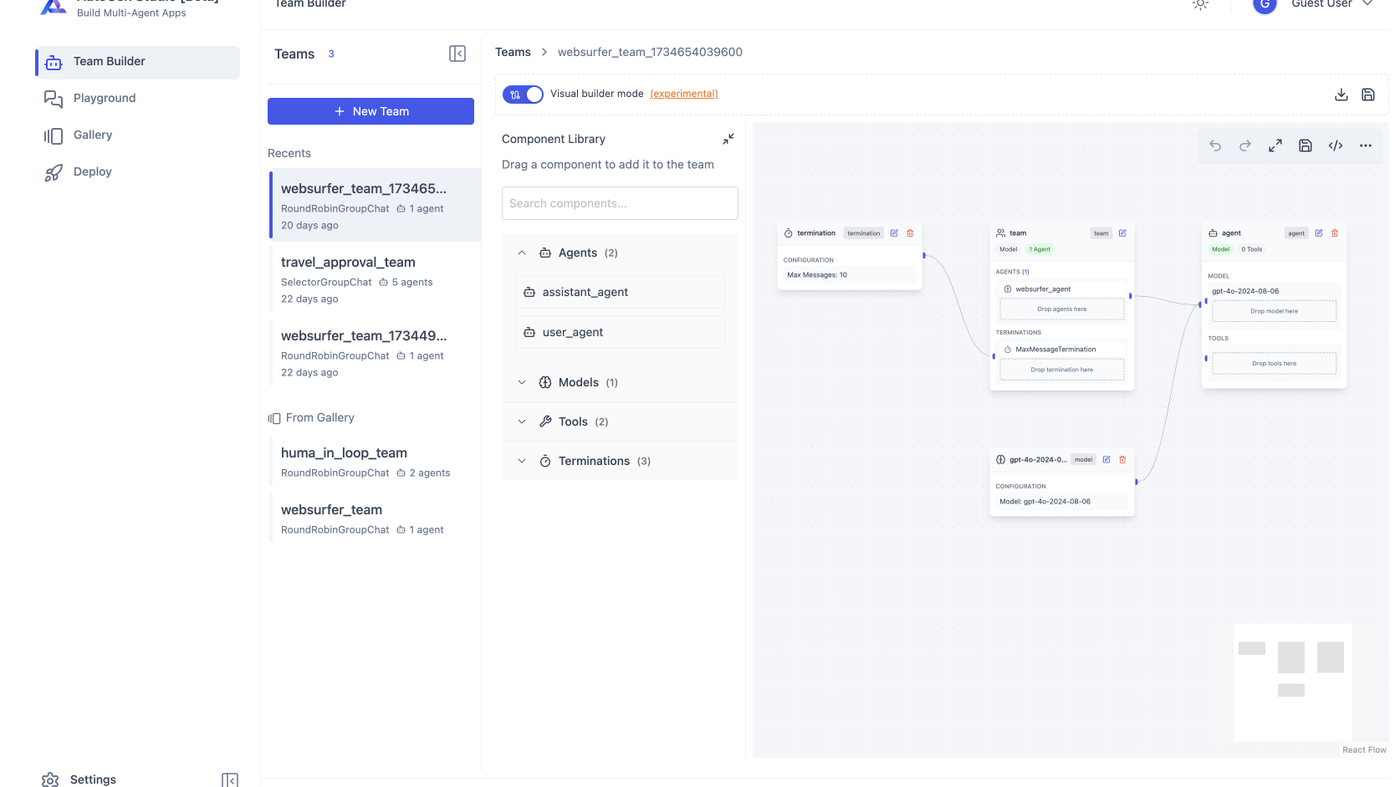 AutoGen Studio Team Builder canvas with agents, models, and tools