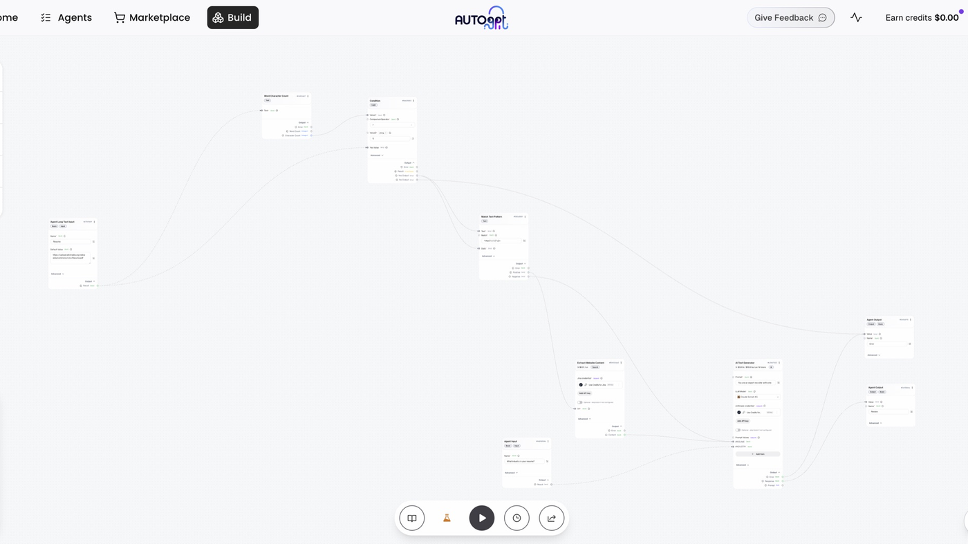 AutoGPT Build canvas: node graph with play bar and Marketplace