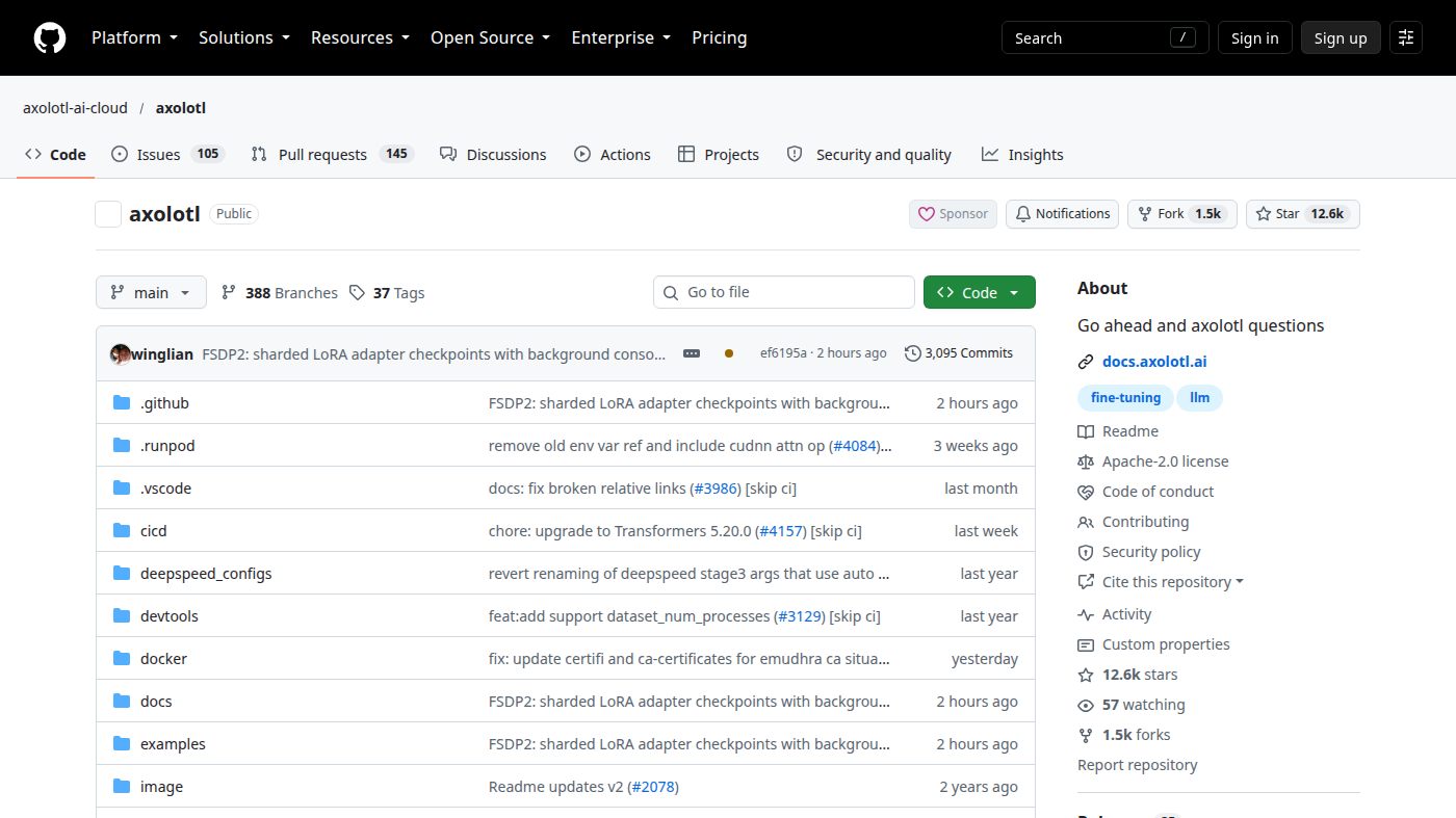 axolotl-ai-cloud/axolotl GitHub file list: src/axolotl and examples, Apache-2.0 in About