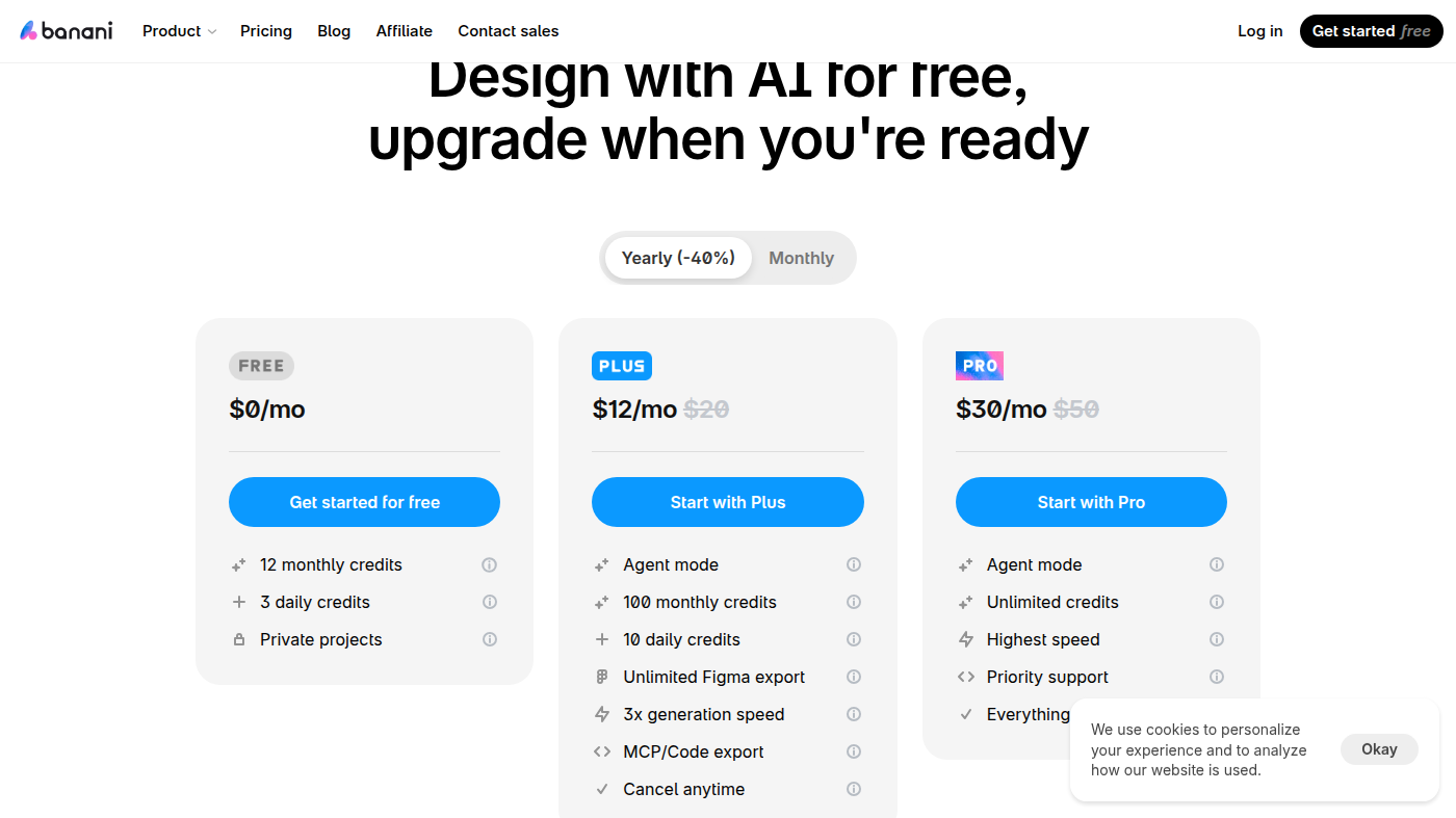 Banani official plans: Free $0, Plus $12/mo, Pro $30/mo on the yearly toggle