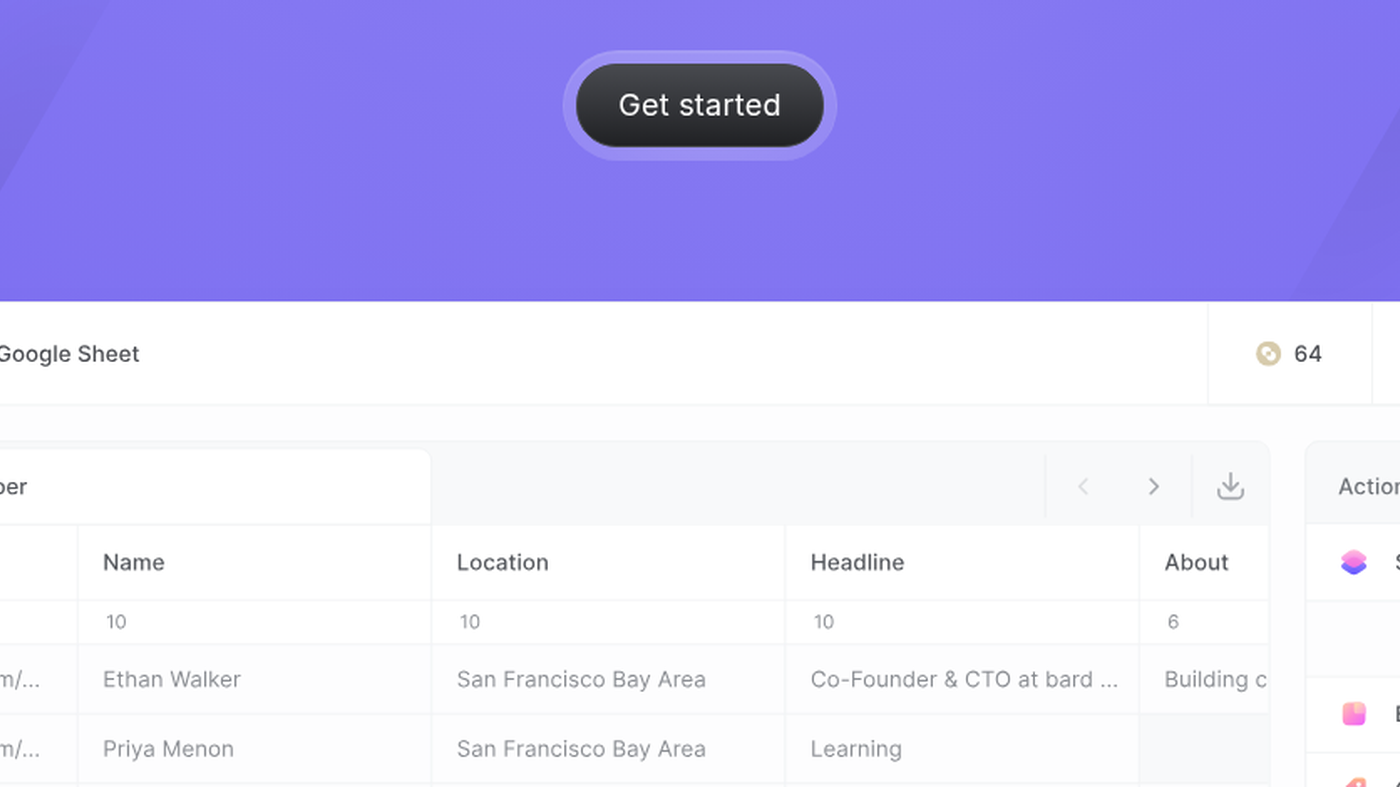 Bardeen Google Sheet scraper table with Name, Location, Headline, and Actions