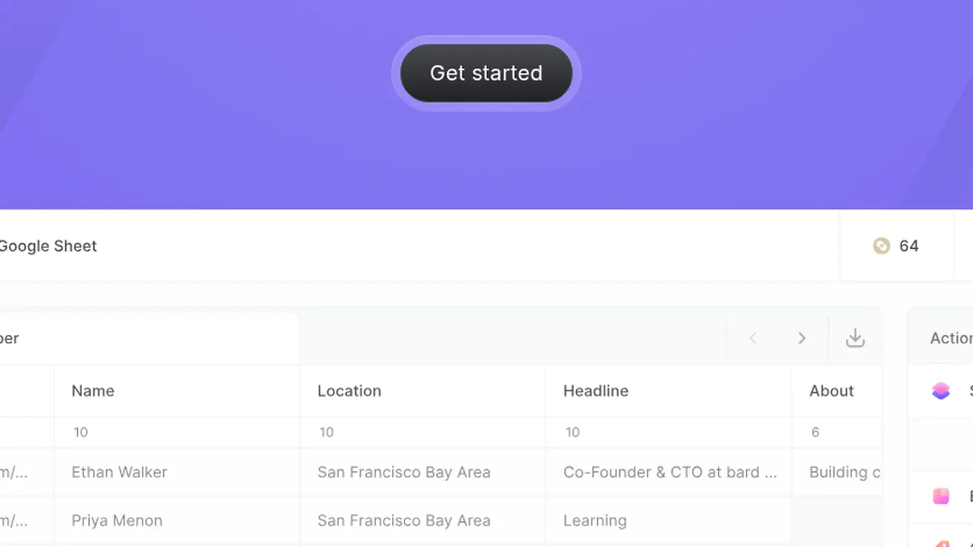 Bardeen Google Sheet scraper table with Name, Location, Headline, and Actions