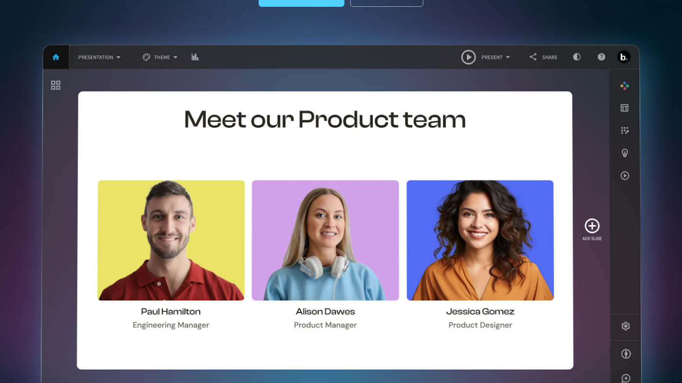 Beautiful.ai editor: PRESENTATION, THEME, PRESENT, SHARE, ADD SLIDE