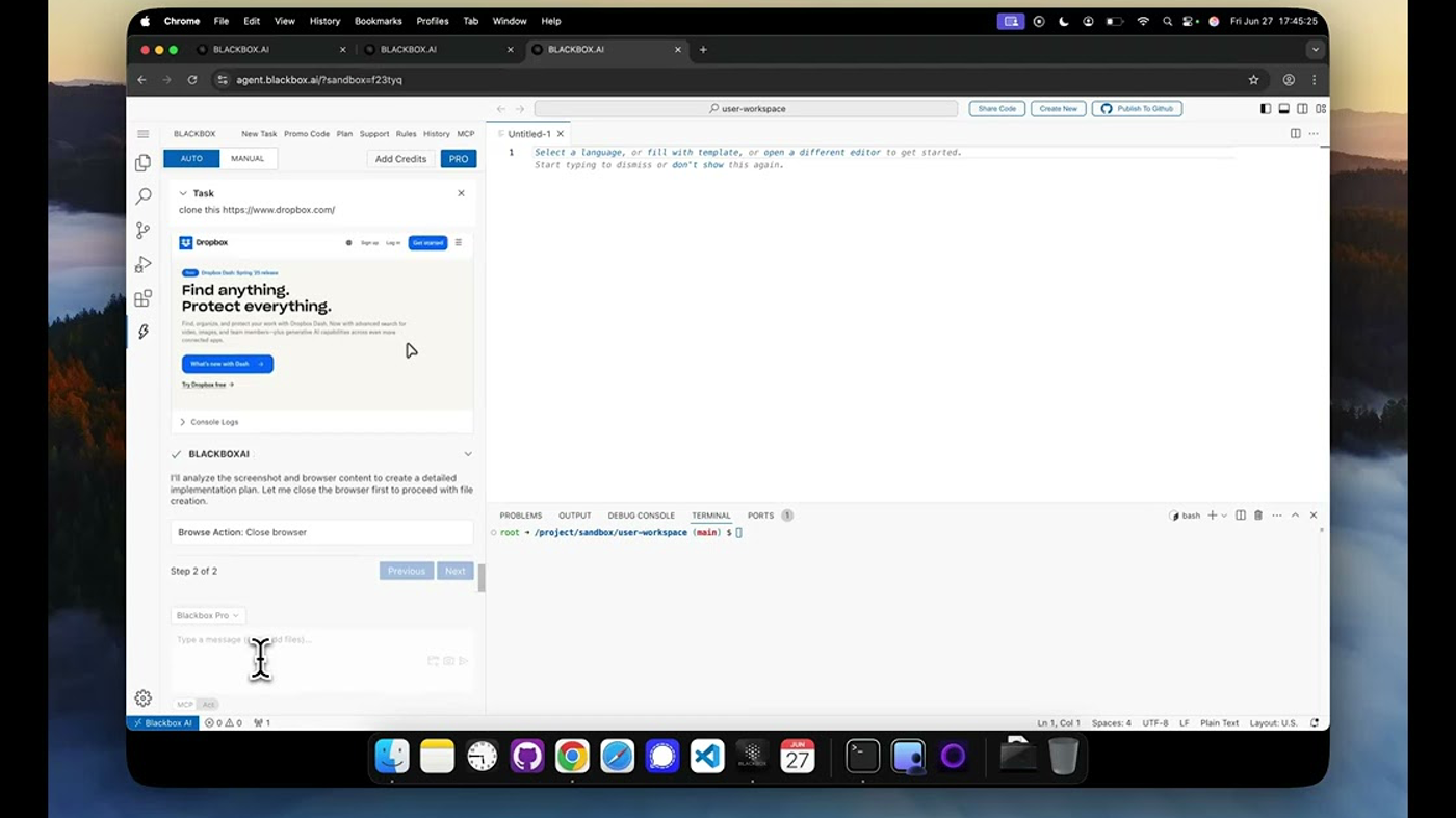 Blackbox official cloud IDE: Dropbox clone task beside the editor