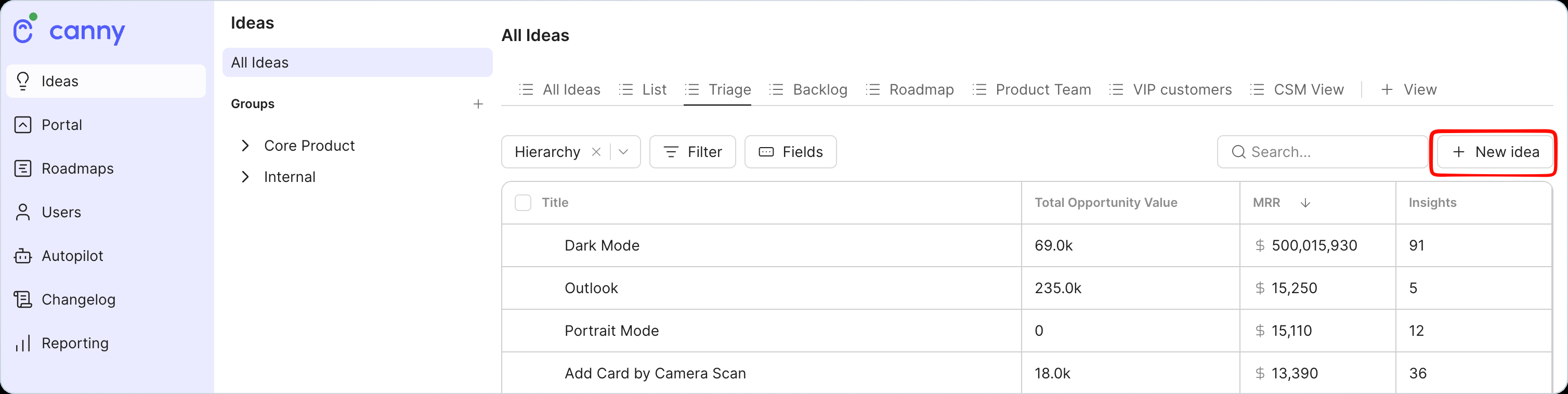 Canny Ideas: Dark Mode $500,015.93 MRR and Outlook rows on All Ideas