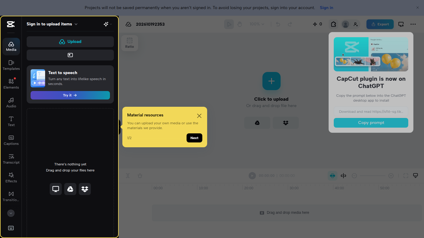 CapCut browser editor: Media rail, timeline, Text to speech, Export