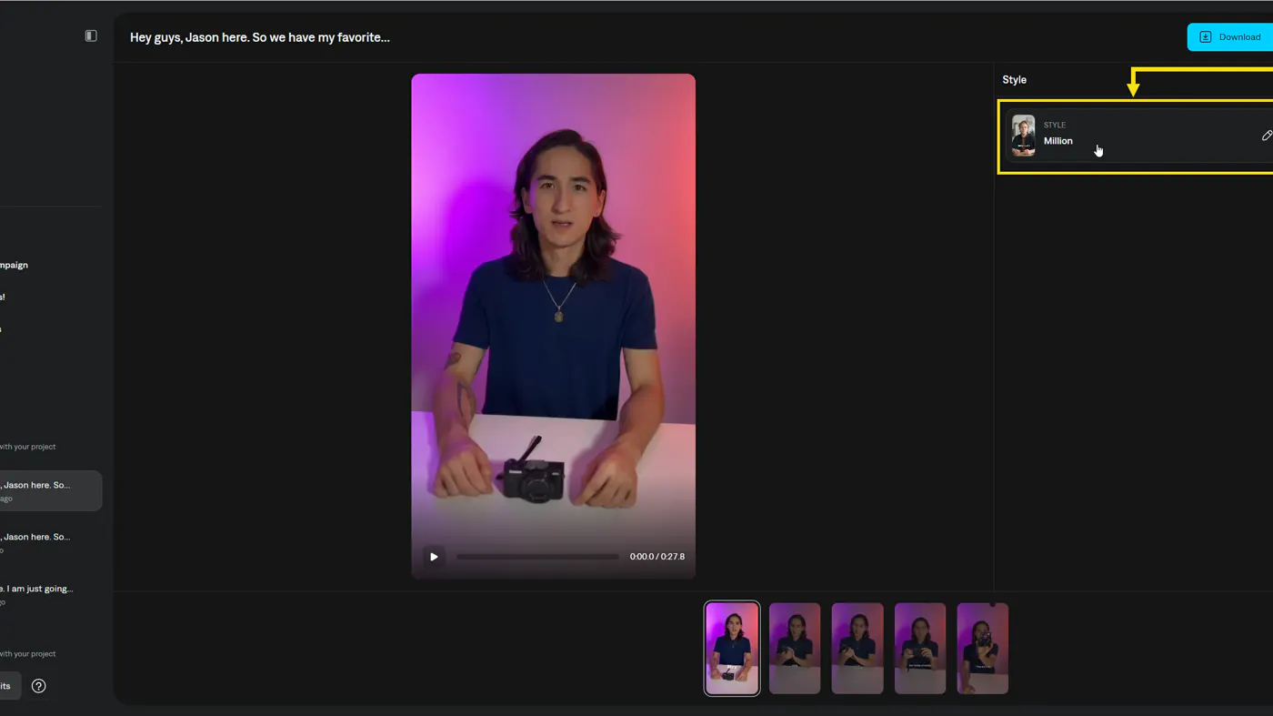 Captions web result page: talking-head preview, Style panel, frame strip