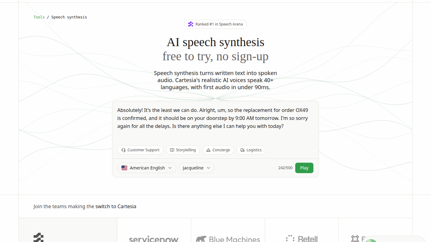 Cartesia signed-out Sonic composer: support script, Jacqueline, Play