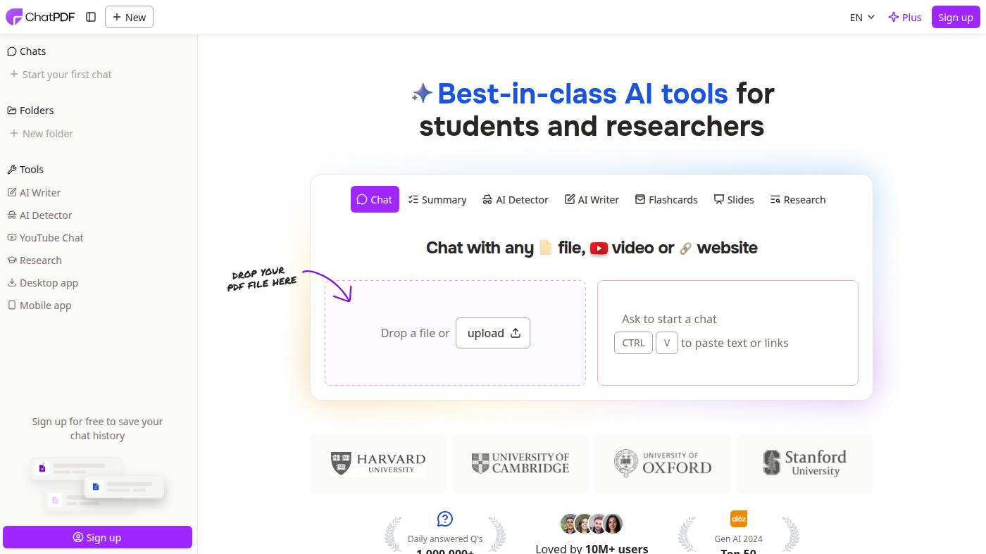 ChatPDF signed-out drop zone and Ask to start a chat composer