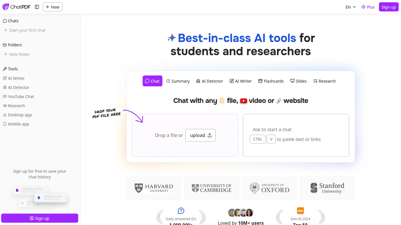 ChatPDF signed-out drop zone and Ask to start a chat composer