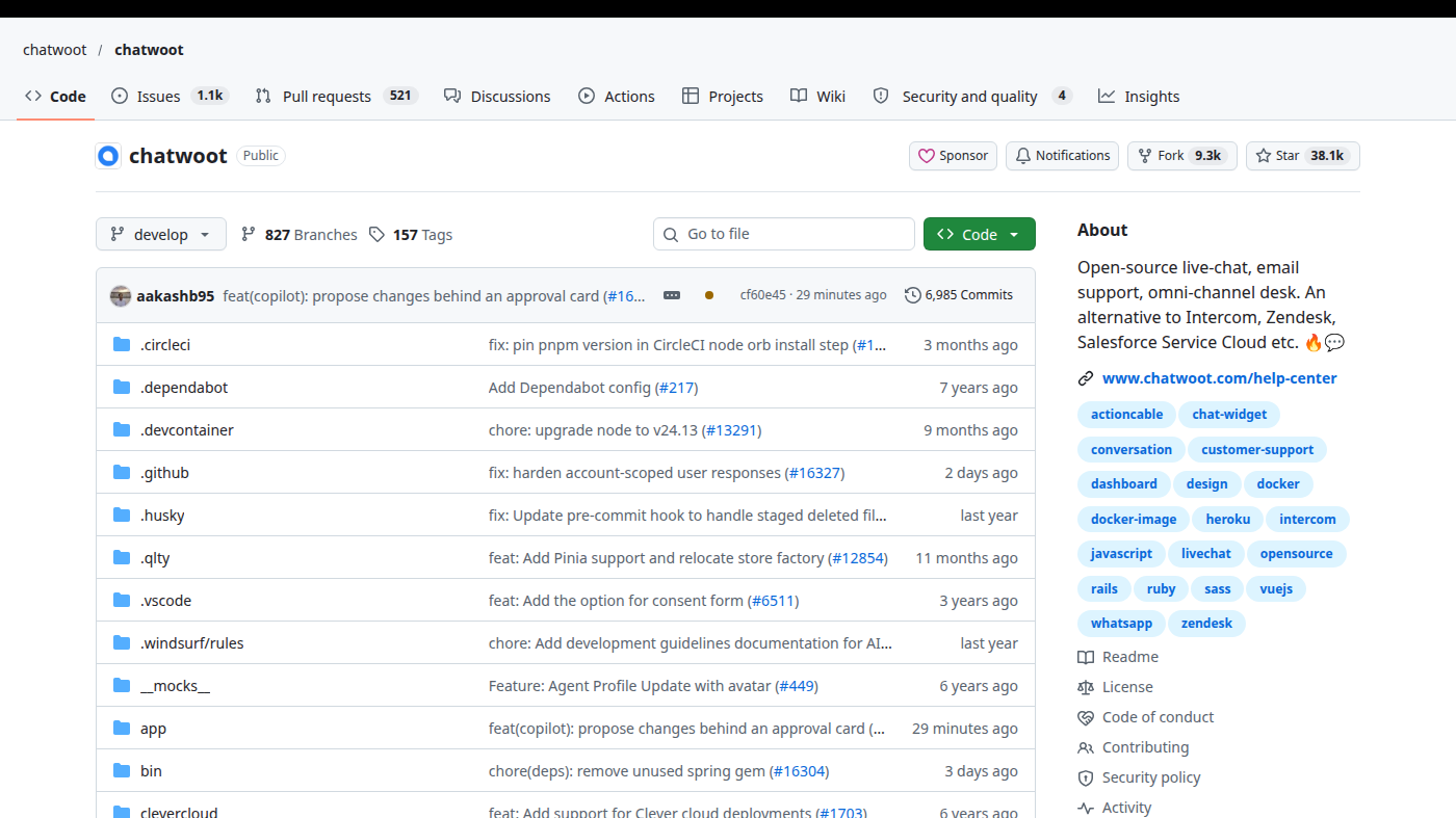 chatwoot/chatwoot GitHub file list: app folder, MIT License in About