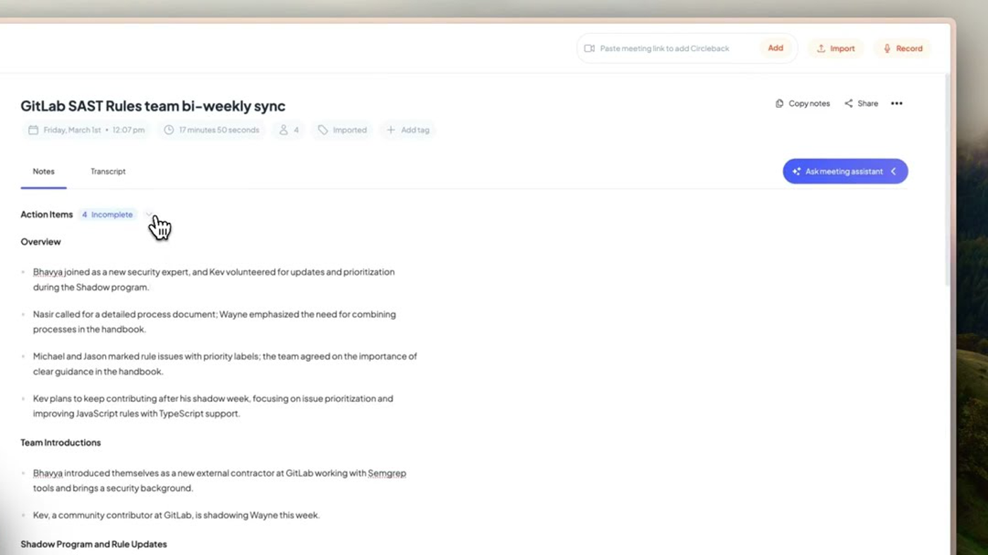 Circleback meeting notes: GitLab SAST sync, Action items, Ask meeting assistant
