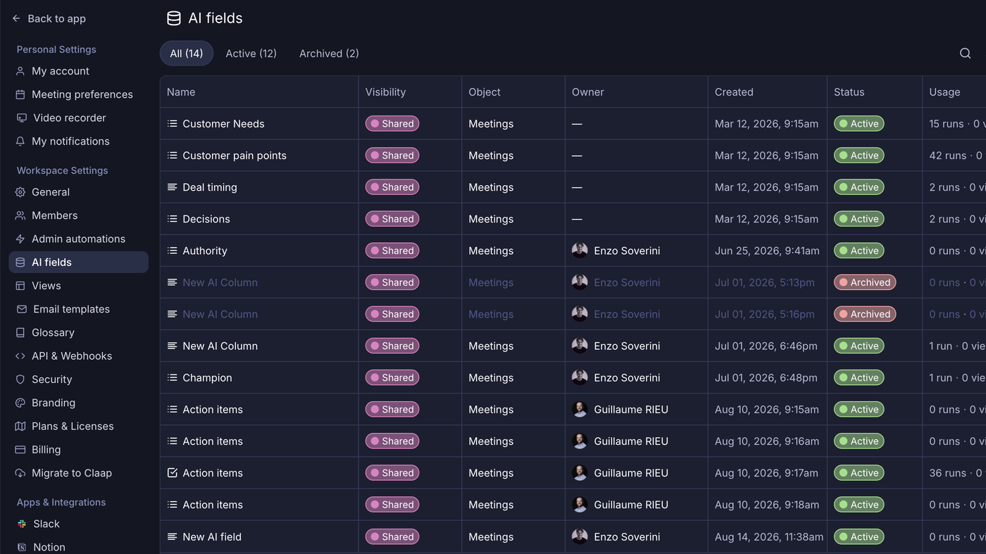 Claap AI fields table: Customer Needs, Action items, owners, status
