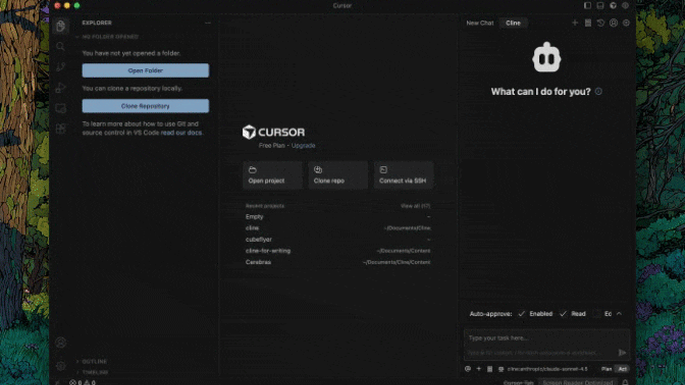 Cline sidebar in Cursor: What can I do for you? with Auto-approve