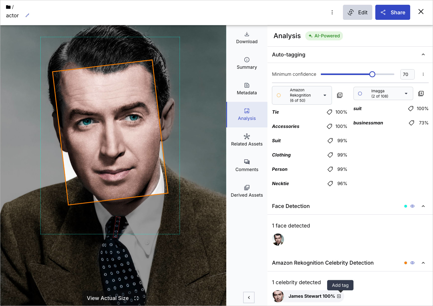 Cloudinary Analysis: auto-tags necktie 100%, James Stewart 100%, face box on actor