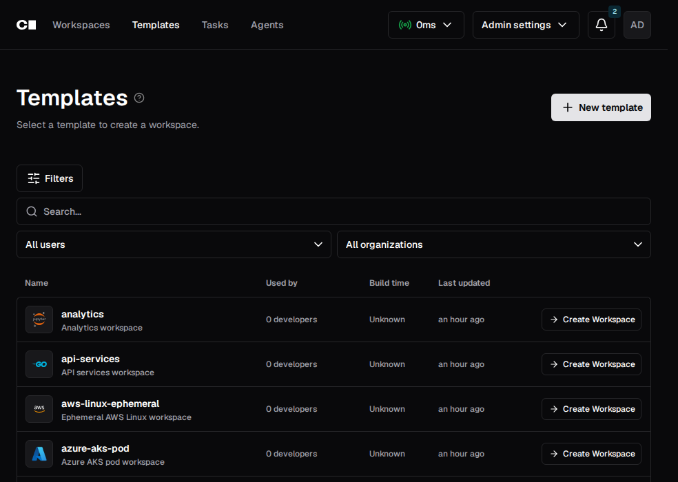 Coder Templates: analytics and api-services rows with Create workspace