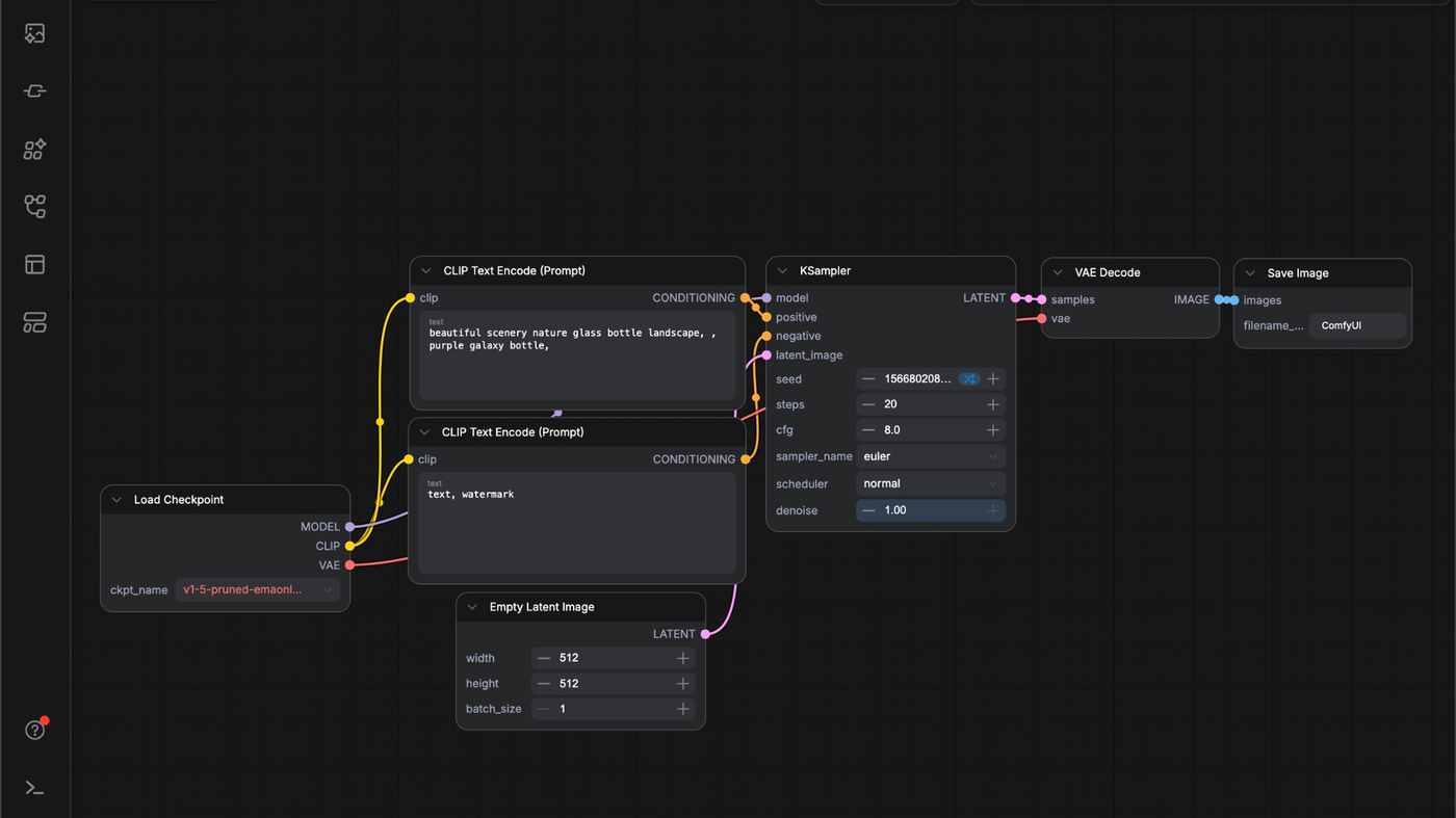 ComfyUI node graph: Load Checkpoint, CLIP prompts, KSampler, Save Image
