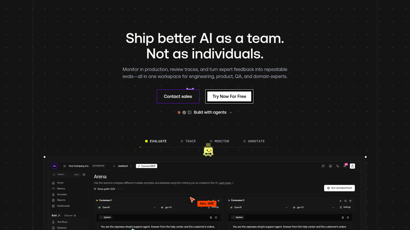 Confident AI Arena workspace: two OpenAI contexts and Run experiment Confident AI Arena workspace: two OpenAI contexts and Run experiment