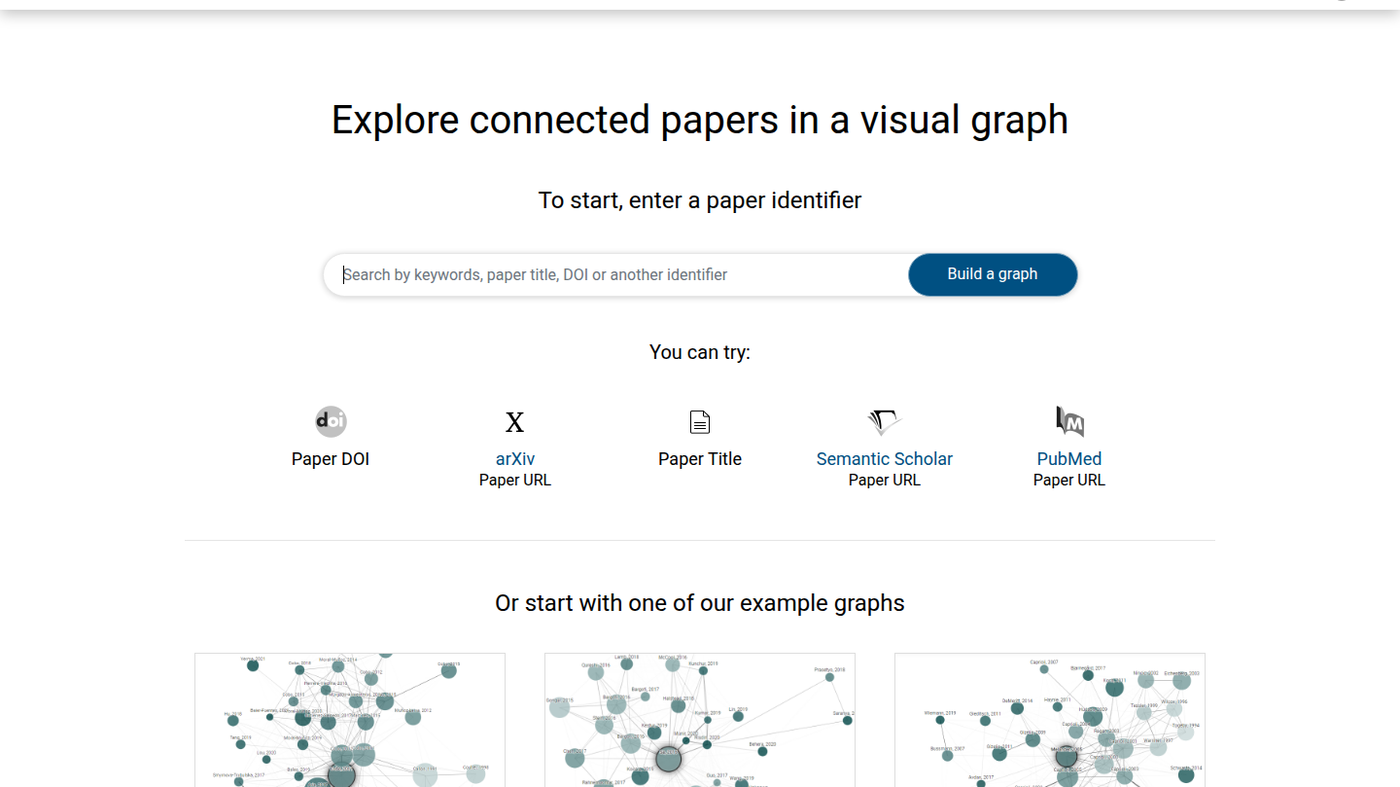 Connected Papers signed-out graph builder with example graphs