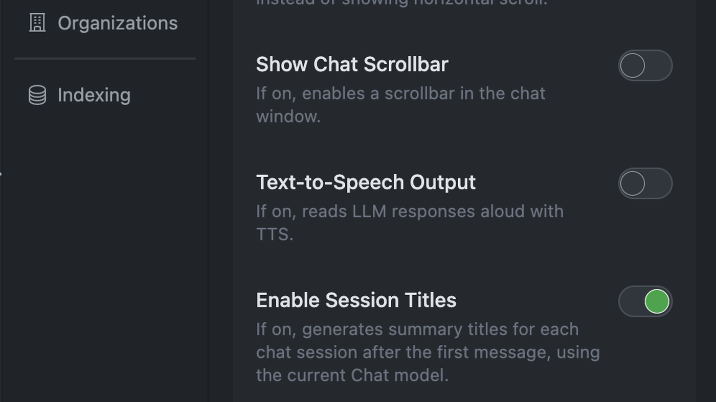 Continue User Settings: session tabs, markdown, auto-accept edits