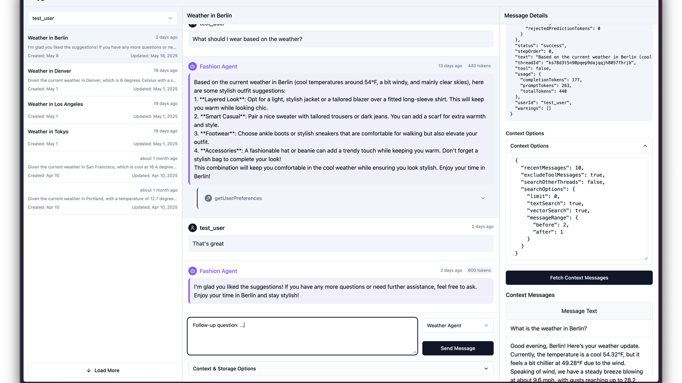 Convex Agent Playground: thread list, weather-agent replies, and token JSON