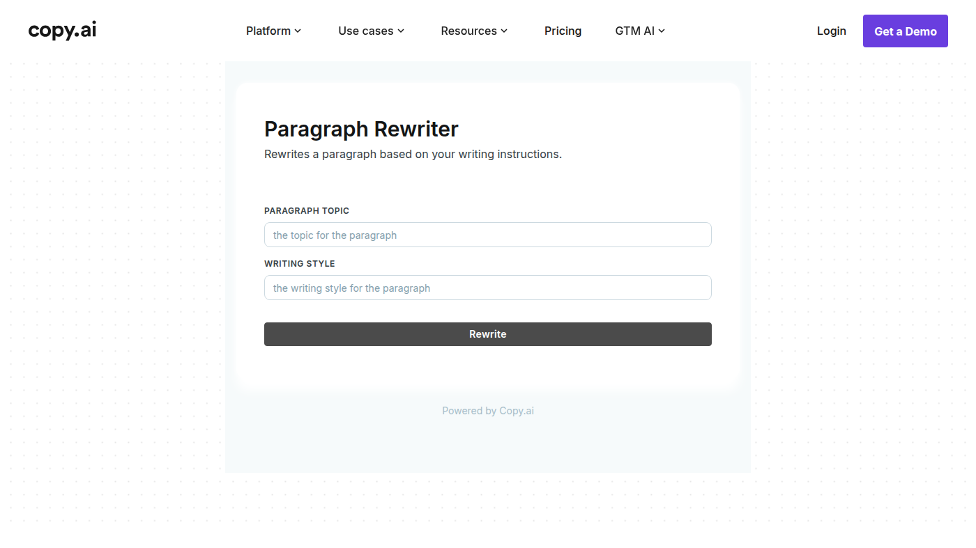 Copy.ai Paragraph Rewriter: topic, writing style, and Rewrite