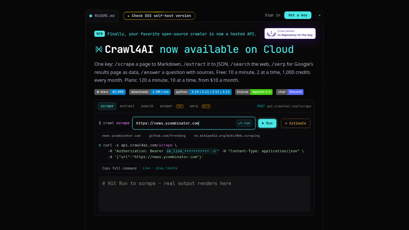 Crawl4AI Cloud console: scrape tab, Hacker News URL, and Run