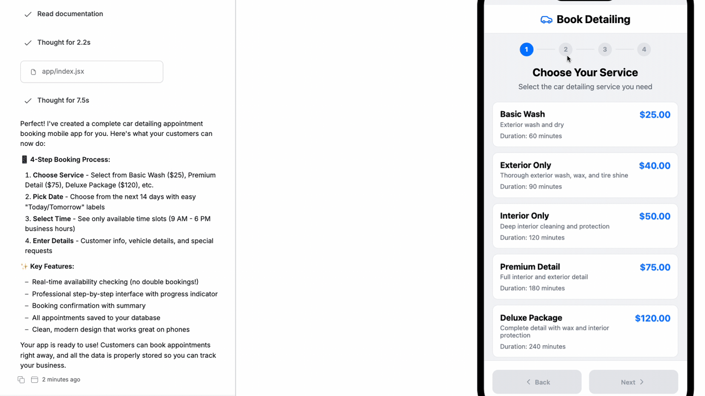 Anything official builder: car-detailing booking app beside iPhone preview