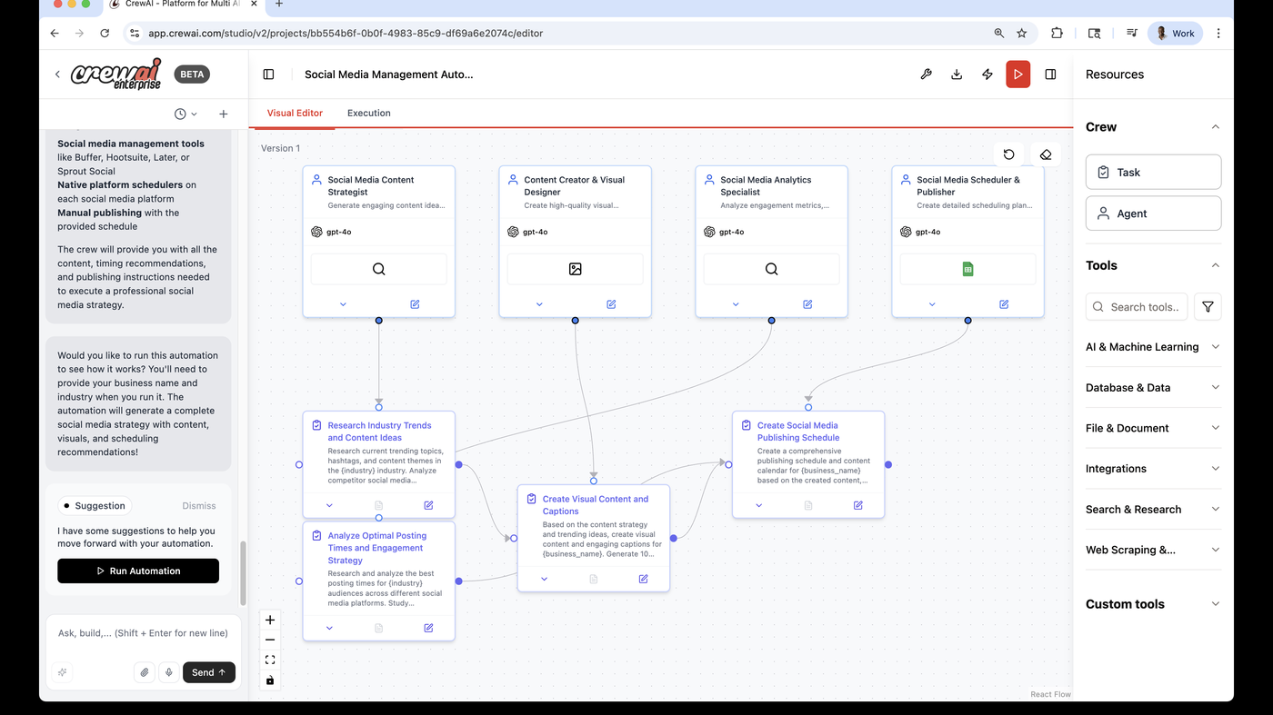 CrewAI Studio Visual Editor: Social Media Management agent canvas CrewAI Studio Visual Editor: Social Media Management agent canvas