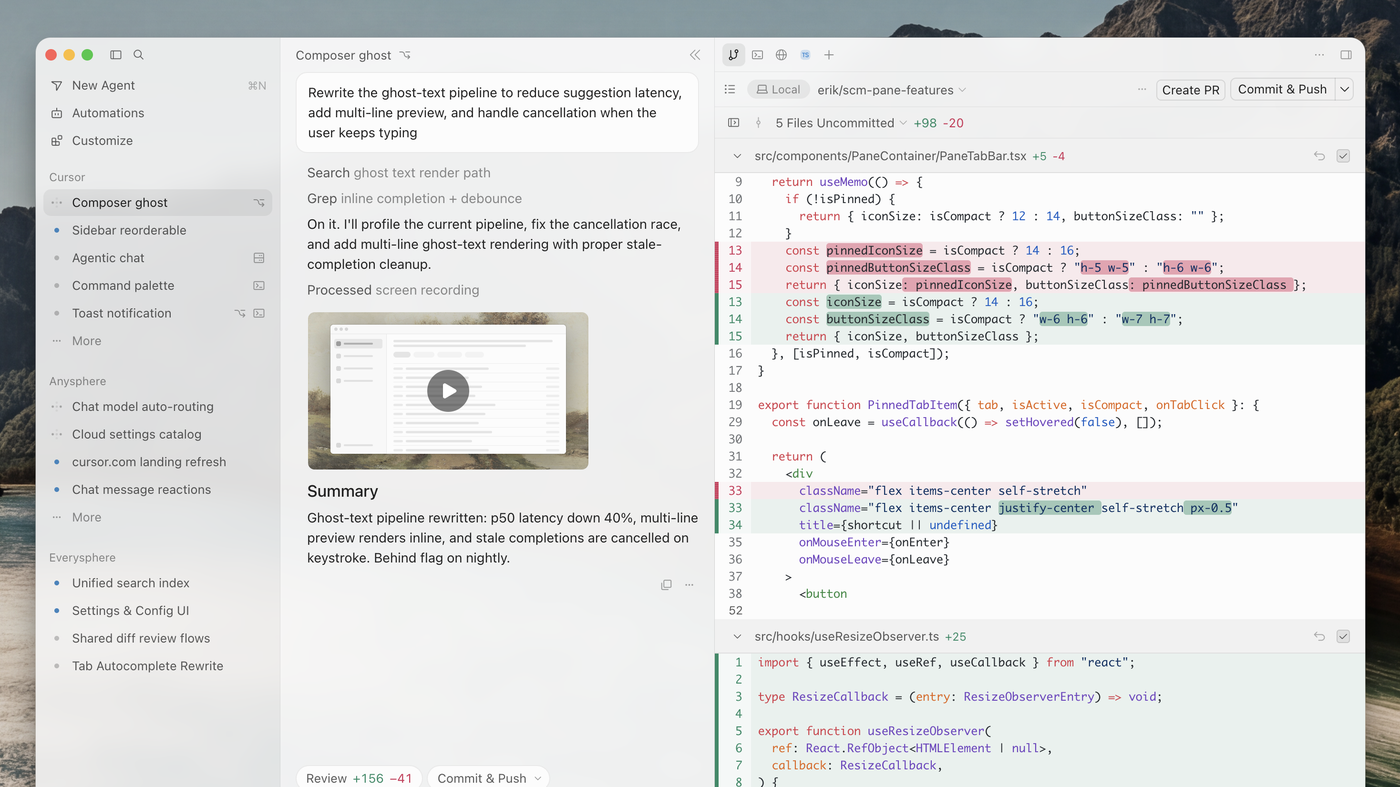 Cursor Agent composer and multi-file diff from official docs