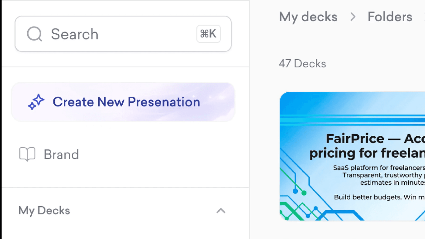 Decktopus library: Create New Presentation, My decks, FairPrice tile