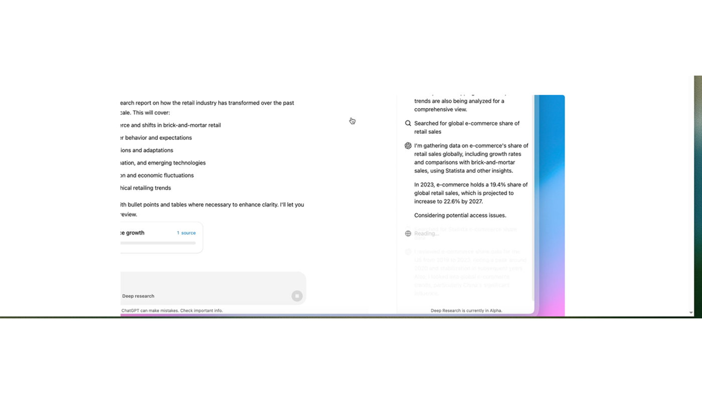 OpenAI Deep Research: sourced report pane plus activity sidebar