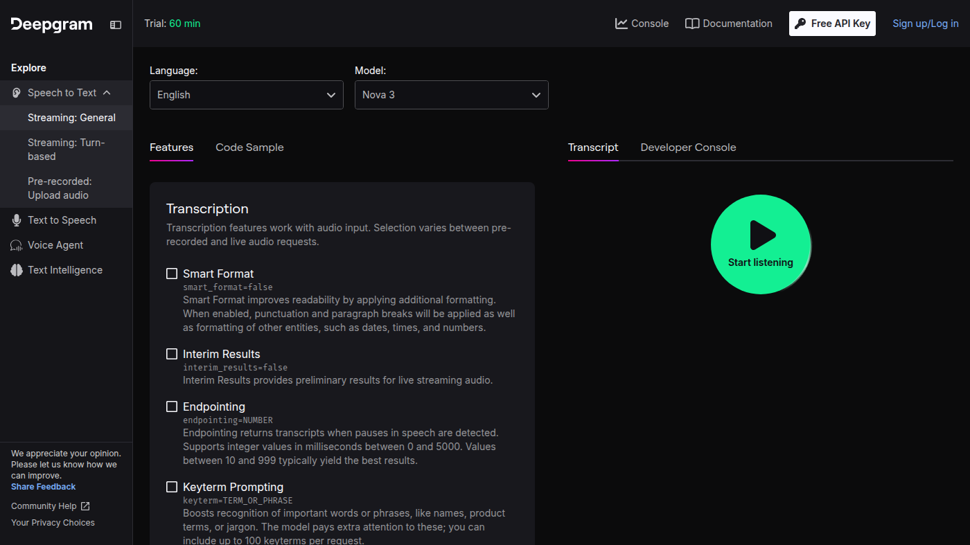 Deepgram playground: Nova 3 Start listening with Trial 60 min