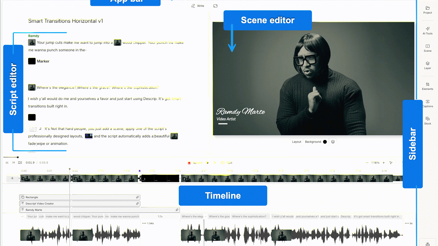 Descript editor: script, scene, timeline, and sidebar from official help