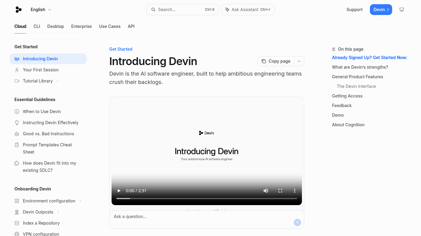 Signed-out docs.devin.ai Introducing Devin getting started