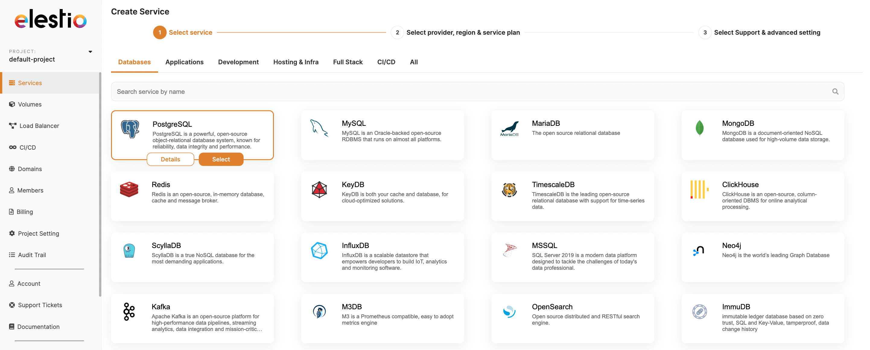 Elestio Create Service: PostgreSQL, MySQL, Redis, and ClickHouse catalog cards